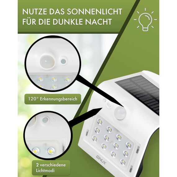 GINUX Solarlampe Außen mit Bewegungsmelder – Elegante Solarleuchte (Weiß) mit Dekorativer Hintergrundbeleuchtung - 12 LED | 220LM, Austauschbarer Akku, IP65 Wetterfest & Deutscher Support