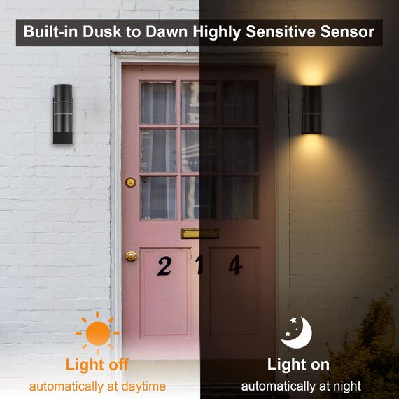 Unikcst LED Wandlampe mit Dämmerungsschalter Aussen Up Down Wandleuchte mit Lichtsensor IP44 Aussenlampe Schwarz inkl. 2x 5W GU10 Warmweiß Glühbirne,1 Stück