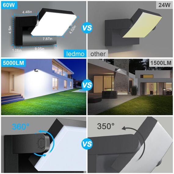 ledmo 4 Pack 60W LED Wandleuchte Aussen/Innen 5000 Lumen Modern Wandlampe Außen KaltWeiß 6000K Außenwandleuchte mit 360° Schwenkbar LED Panel Außenlampe Wasserdicht IP65 für Terrasse Eingang Garten