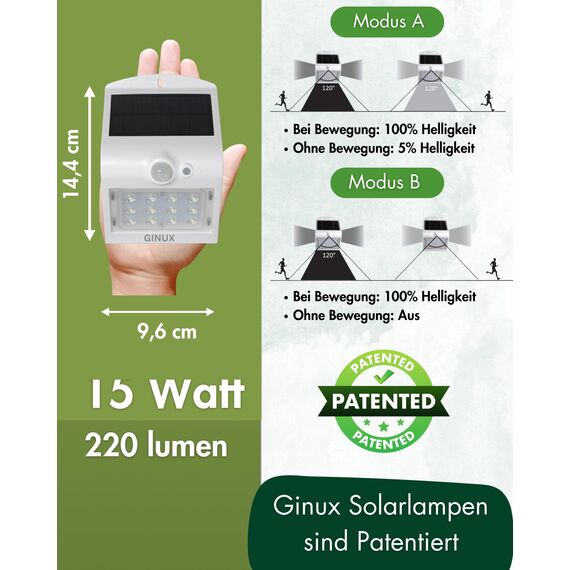 GINUX® 2 x 15W Solarlampen für außen mit Bewegungsmelder (Schmetterling) | Mit 12 Superhellen LED Solarleuchten | Solar Lampe Outdoor für Wand und Garten mit 3 Modi (15W-W)