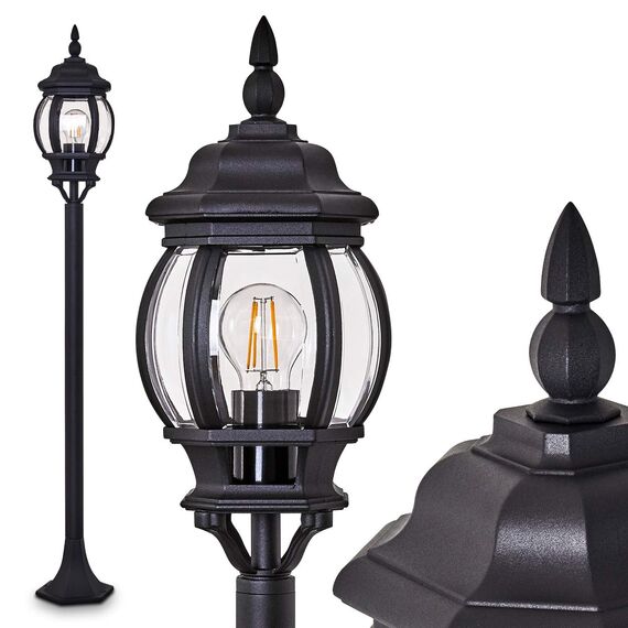 HOFSTEIN Außenstehleuchte Lentua, Außenwegeleuchte aus Metall/Kunststoff in Schwarz-matt/Klar, Wegeleuchte im Antik/Retro/Vintage-Design für Garten, Außenbereich, Hof, 120 cm, E27, IP44,