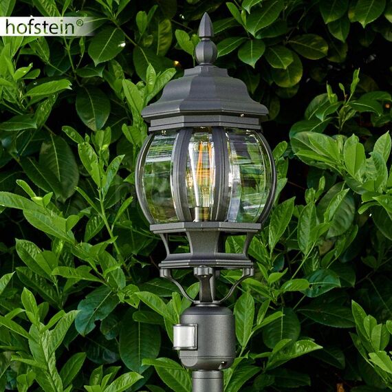 HOFSTEIN Außenstehleuchte Lentua mit Bewegungsmelder, Außenwegeleuchte aus Metall/Kunststoff in Schwarz-matt/Klar, Wegeleuchte im Antik/Vintage-Design für Garten, Außenbereich, Hof, 130 cm, E27, IP44