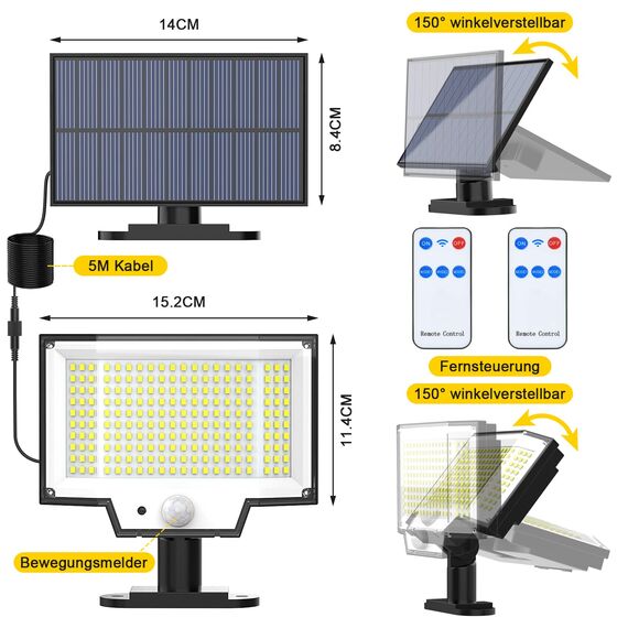 NACINIC Solarlampen für Außen mit Bewegungsmelder, 200 LED Superhelle Solarleuchten mit Bewegungsmelder, 3 Modi LED Solar Strahler, IP65 Wasserdichte Solarlampen für Garten mit 5M Kabel (2 Stück)
