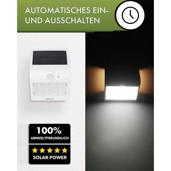 GINUX Solarlampe Außen mit Bewegungsmelder – Elegante Solarleuchte (Weiß) mit Dekorativer Hintergrundbeleuchtung - 12 LED | 220LM, Austauschbarer Akku, IP65 Wetterfest & Deutscher Support