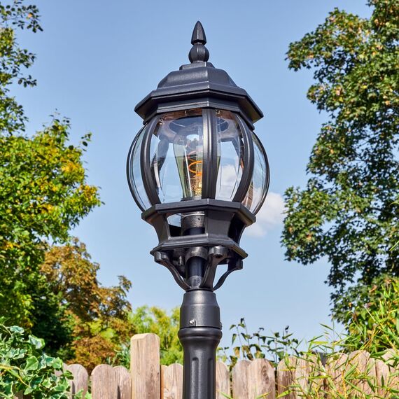 HOFSTEIN Kandelaber Lentua, Außenwegeleuchte aus Metall/Glas in Schwarz/Klar, Wegeleuchte im Vintage/Antik/Landhaus-Design für Garten, Außenbereich, Hof, Höhe 205 cm, 1 x E27, IP44