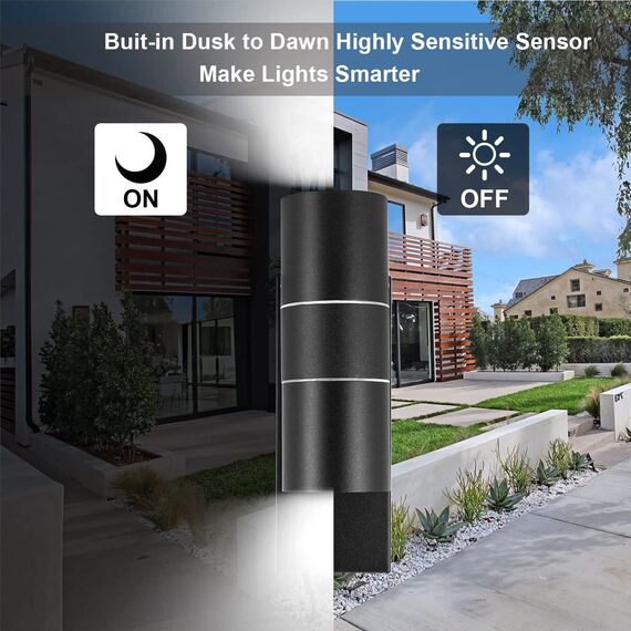 Unikcst LED Aussenleuchte mit Dämmerungsschalter Modern Lichtsensor Aussenlampe IP44 wasserdicht Außenleuchte Up Down Wandleuchte 230V inkl. 2x 5W LED GU10 Kaltweiß Glühbirne,1 Stück