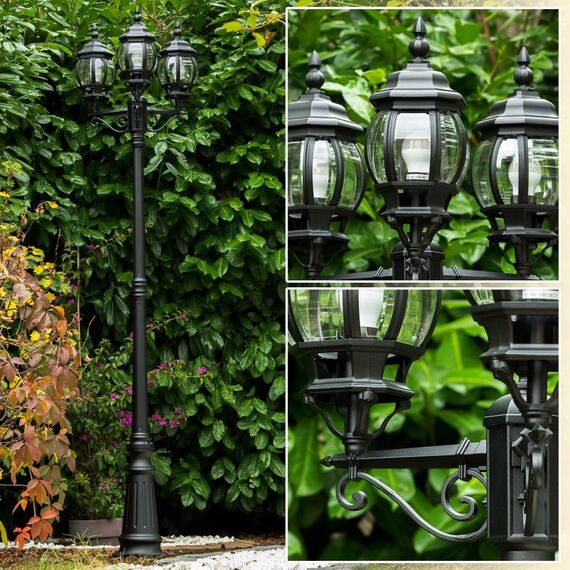 HOFSTEIN Außenleuchte Kobe, Laternen für Draußen im Antiken Look, Kandelaber aus Aluguß in Schwarz mit Kunststoff-Scheiben, 3-armige Wegeleuchte, Outdoor Laterne 230 cm, IP44, 3x E27 Gartenlaterne