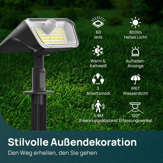 Linkind Solarlampen für Außen mit Bewegungsmelder Warmweiß & Kaltweiß, 60-LEDs Außenleuchte 800Lm mit Dauerlicht & Lade-anzeige, S-Klasse Akku Solarstrahler IP67 Bewegungslicht 8M/120°, 6 Stück