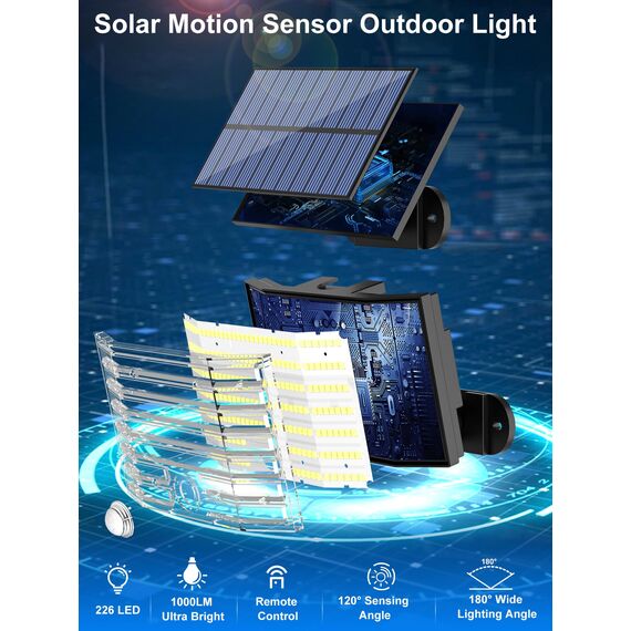 Solarlampen für Außen, 226 LED Solarleuchten Aussen mit Bewegungsmelder, 3 Modi Solar Strahler IP65 Wasserdichte, 180° Beleuchtungswinkel Solar Wandleuchte für Garten Garage mit 5m Kabel【1 Stück】