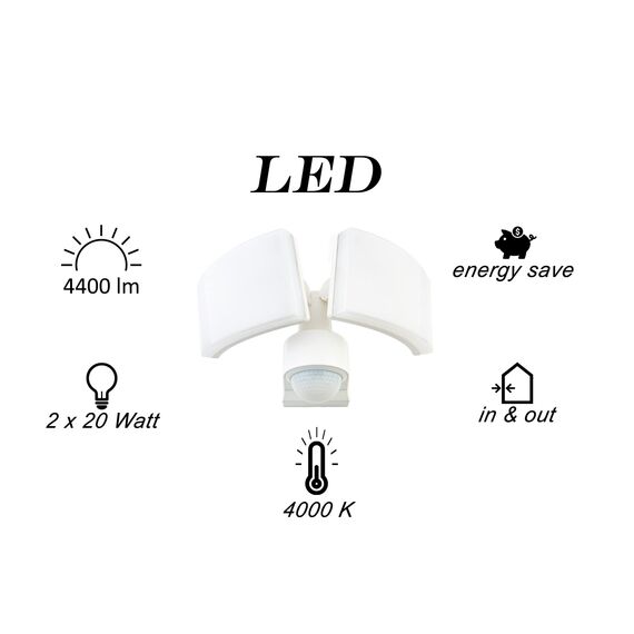HUBER LED Strahler mit Bewegungsmelder 360° 2 x 20W, 4400lm - 3 Sensoren, Matrixlinsen und Bereichsbegrenzung, Wand und Eckmontage, IP65, weiß