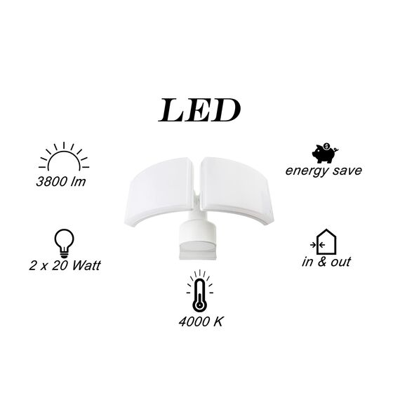 HUBER LED Strahler mit 2 x 20W, 4400lm für die Wand und Eckmontage - Außenstrahler, Fluter, Hofstrahler, IP65, Weiß