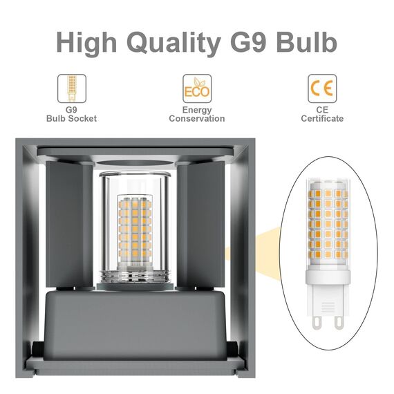 Klighten 2PCS Wandleuchte mit Austauschbarer G9 LED Lampe Warmweiß 3000K, Aluminium LED Wandlampe Innen/Aussen Einstellbar Abstrahlwinkel aussenbeleuchtung für Wohnzimmer Garten, Grau