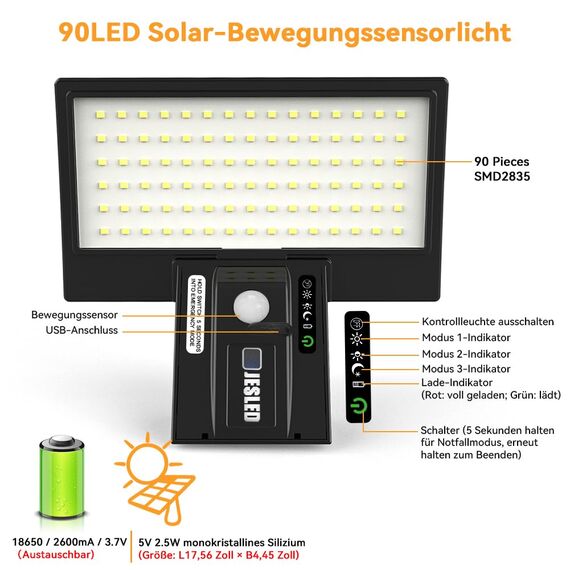 JESLED Solarlampen für Außen, 90 LED, Superhelle Solarleuchte mit Bewegungsmelder Sicherheitswandleuchte 4 Modi Wasserdichte Wandleuchte Garten.Batterie austauschbar, 2 Stück