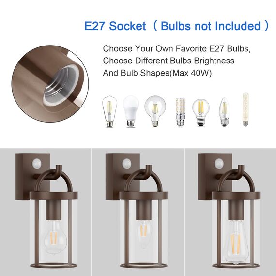 Klighten Außenlampe Vintage Industrial, Außenwandleuchte mit Bewegungsmelder, E27 Wandleuchte Außen, Aluminium Wandlampe Industrie, für Terrasse Garten Flur, 40W Max, Rostrot, IP44, ohne Leuchtmitte