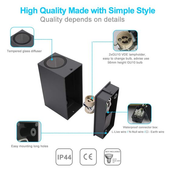 LASIDE 2er Set Aussenleuchte Aussenlampe Wand Eckig, GU10 Anthrazit Aluminium Up Down Außenlampe Außenleuchte, IP44 Spritzwassergeschützt Wandlampe Wandleuchte Lampe Aussen Außen Leuchte für Garten