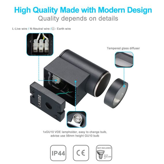 LASIDE 2er Set Aussenleuchte Aussenlampe Wand, GU10 Anthrazit Aluminium Down Außenlampe Außenleuchte, IP65 Spritzwassergeschützt Wandlampe Wandleuchte Lampe Aussen Außen Leuchte für Garten Terrasse