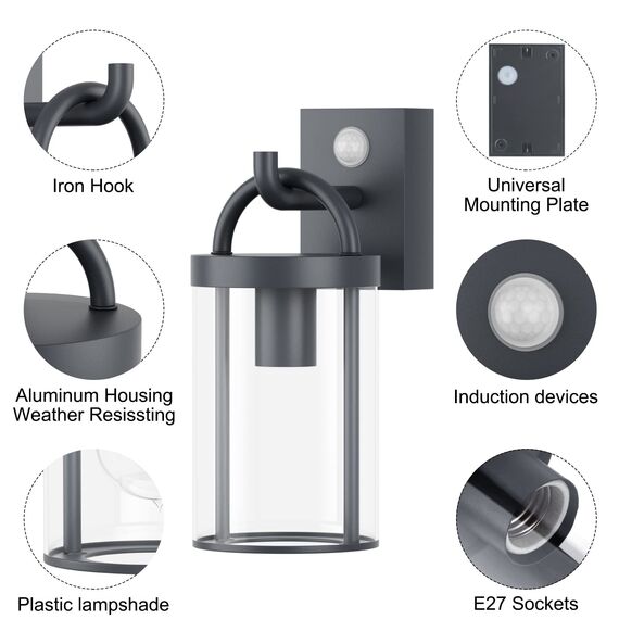 Klighten Außenwandleuchte Vintage Industrial, Außenlampe mit Bewegungsmelder, E27 Wandleuchte Außen, Aluminium Wandlampe Industrie, für Terrasse Garten, Anthrazit, 40W Max, IP44, ohne Leuchtmitte