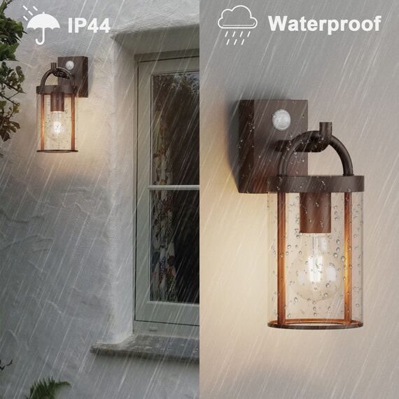 Klighten Außenlampe Vintage Industrial, Außenwandleuchte mit Bewegungsmelder, E27 Wandleuchte Außen, Aluminium Wandlampe Industrie, für Terrasse Garten Flur, 40W Max, Rostrot, IP44, ohne Leuchtmitte