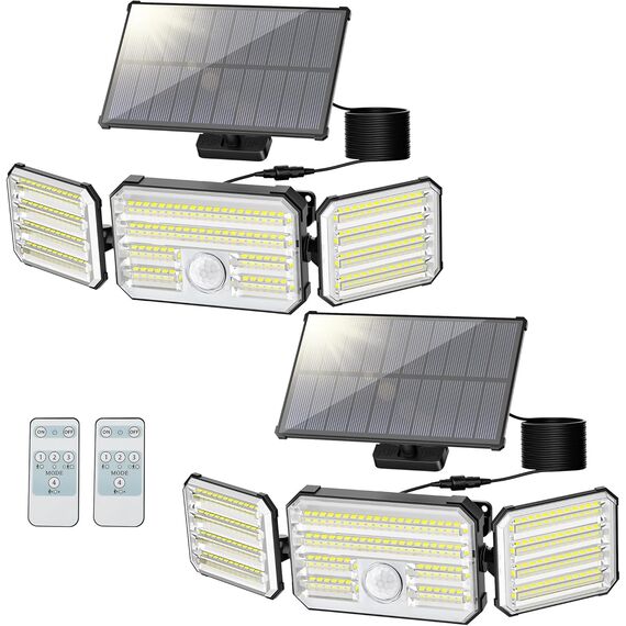 Solarlampen für Außen mit Bewegungsmelder, 160 LED Solarleuchten für Außen mit Alarmfunktion, 2000mAh 4 Modos IP67 Wasserdichte Solar Wandleuchte mit Fernbedienung für Garten, Garage - 2 Stück