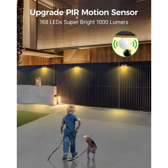 nipify Solarlampen für Außen mit Bewegungsmelder, 4 Stück 3 Modi Solarleuchten Aussenleuchte IP65 Wasserdichte, Superhelle Solar Wandleuchte für Aussen Garage Wand, Warmweiß