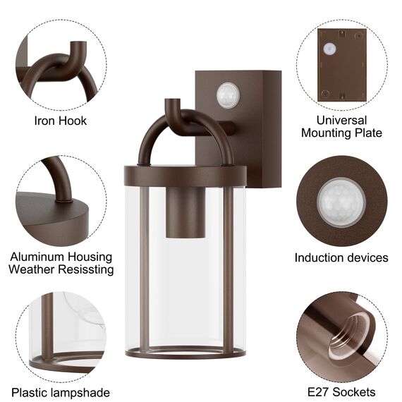 Klighten Außenlampe Vintage Industrial, Außenwandleuchte mit Bewegungsmelder, E27 Wandleuchte Außen, Aluminium Wandlampe Industrie, für Terrasse Garten Flur, 40W Max, Rostrot, IP44, ohne Leuchtmitte