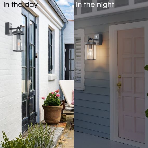 Klighten Außenwandleuchte Vintage Industrial, Außenlampe mit Bewegungsmelder, E27 Wandleuchte Außen, Aluminium Wandlampe Industrie, für Terrasse Garten, Anthrazit, 40W Max, IP44, ohne Leuchtmitte