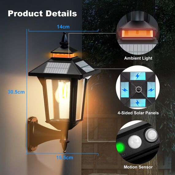 COLBOR Solarlampe für Außen, Vintage Solar Wandleuchte mit Bewegungsmelder & 4-Seitiges Solarpanel 3 Modi IP65 Wasserdicht für Garten Zaun Garage, Solarlampe-Außen-Bewegungsmelder-LED-Solarleuchte