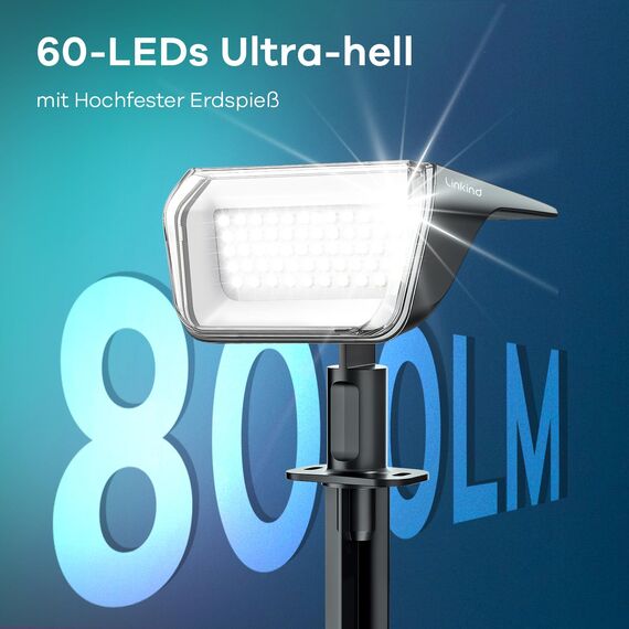 Linkind 60 Led Solarstrahler für außen Garten 800Lm, 6500K Tageslicht Gartenlampe mit Lade-Anzeige, 135°einstellbar Baumstrahler mit S-klasse Batterie, IP67 wetterfest Solar Baumbeleuchtung, 3 Stück
