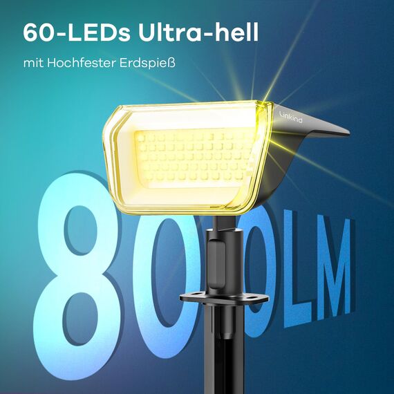 Linkind 60-Led Solarlampen für außen 800Lm, Ultra-lange Leuchtdauer, Warmweiß Solar Gartenbeleuchtung mit intelligentem Entladealgorithmus, IP67 Solar Spots für Einfahrt, Vorgarten, 6 Stück