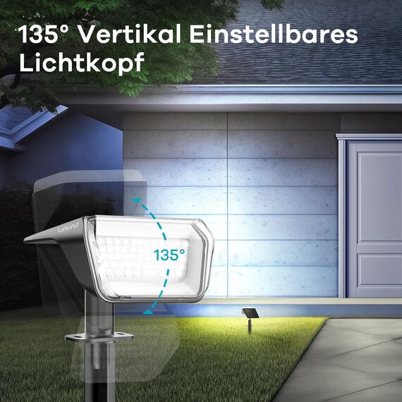 Linkind 60 Led Solarstrahler für außen Garten 800Lm, 6500K Tageslicht Gartenlampe mit Lade-Anzeige, 135°einstellbar Baumstrahler mit S-klasse Batterie, IP67 wetterfest Solar Baumbeleuchtung, 3 Stück
