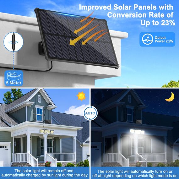 Solarlampen für Außen mit Bewegungsmelder, 160 LED Solarleuchten für Außen mit Alarmfunktion, 2000mAh 4 Modos IP67 Wasserdichte Solar Wandleuchte mit Fernbedienung für Garten, Garage - 1 Stück