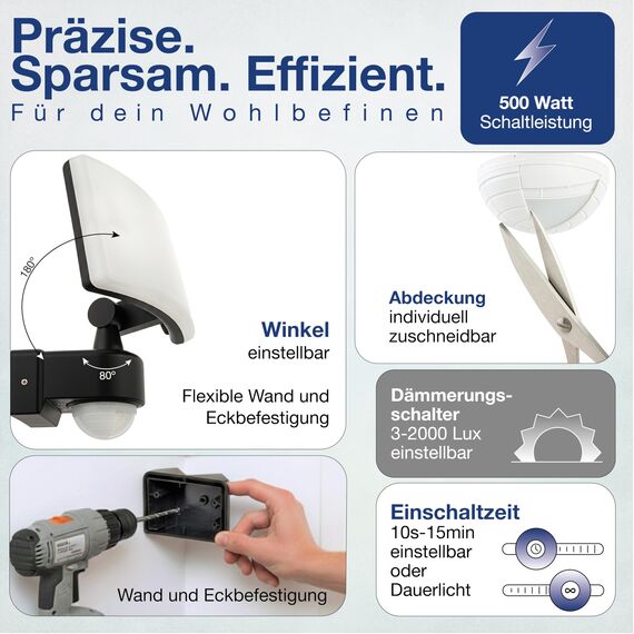 HUBER LED Strahler mit Bewegungsmelder 360° 17W, 2600lm - sehr sensibel durch 3 Sensoren und Matrixlinsen, inkl Unterkriechschutz und Bereichsbegrenzung, Wand und Eckmontage, IP65, anthrazit