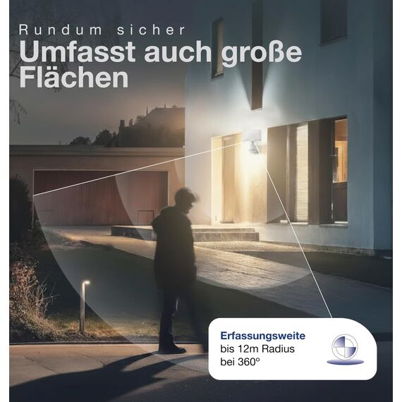 HUBER LED Strahler mit Bewegungsmelder 360° 17W, 2600lm - sehr sensibel durch 3 Sensoren und Matrixlinsen, inkl Unterkriechschutz und Bereichsbegrenzung, Wand und Eckmontage, IP65, weiß