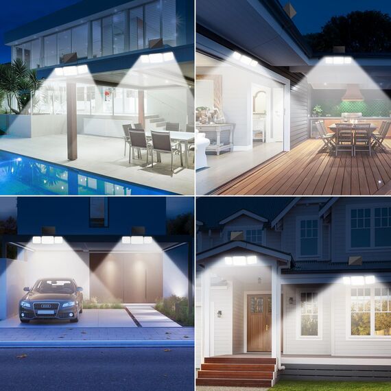 Solarlampen für Außen mit Bewegungsmelder, 160 LED Solarleuchten für Außen mit Alarmfunktion, 2000mAh 4 Modos IP67 Wasserdichte Solar Wandleuchte mit Fernbedienung für Garten, Garage - 1 Stück