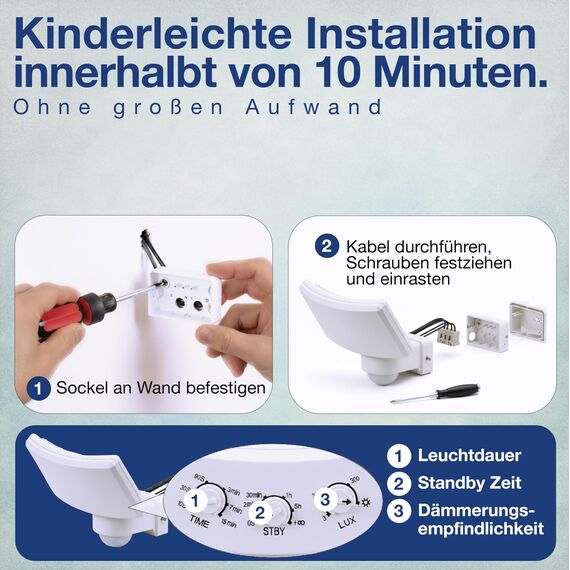 HUBER LED Strahler mit Bewegungsmelder 360° 17W, 2600lm - sehr sensibel durch 3 Sensoren und Matrixlinsen, inkl Unterkriechschutz und Bereichsbegrenzung, Wand und Eckmontage, IP65, weiß