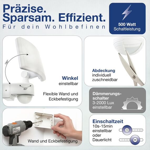 HUBER LED Strahler mit Bewegungsmelder 360° 17W, 2600lm - sehr sensibel durch 3 Sensoren und Matrixlinsen, inkl Unterkriechschutz und Bereichsbegrenzung, Wand und Eckmontage, IP65, weiß