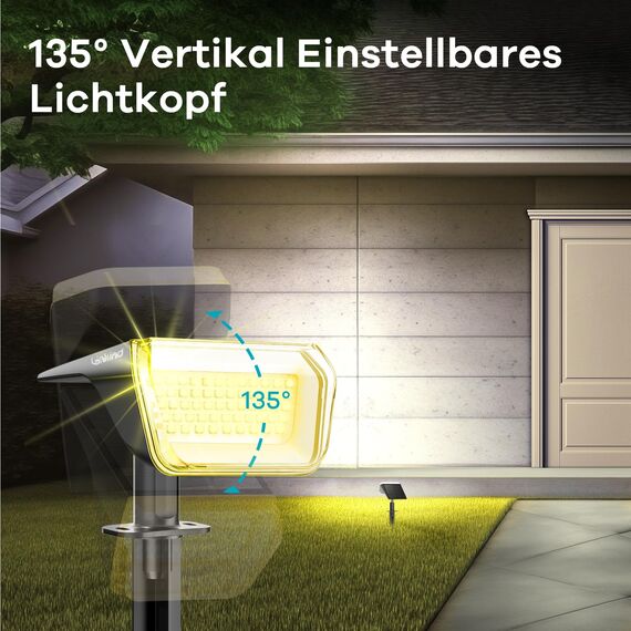 Linkind 60-Led Solarlampen für außen 800Lm, Ultra-lange Leuchtdauer, Warmweiß Solar Gartenbeleuchtung mit intelligentem Entladealgorithmus, IP67 Solar Spots für Einfahrt, Vorgarten, 6 Stück