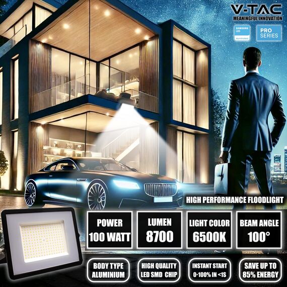 V-TAC LED-Strahler für den Außenbereich, 100 W, [Samsung-Chip, hohe Leistung, geringer Stromverbrauch] – 8700 Lumen – IP65 – LED-Strahler schwarz für Haus, Garten, Garage – wasserdicht – Scheinwerfer