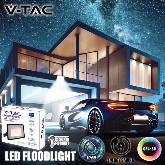 V-TAC LED-Außenstrahler 100 W – [High Performance] – IP65 – 8700 Lumen – Lampe wasserdicht für Haus, Garten, Garage, Fabrik – Licht Neutralweiß 4000 K
