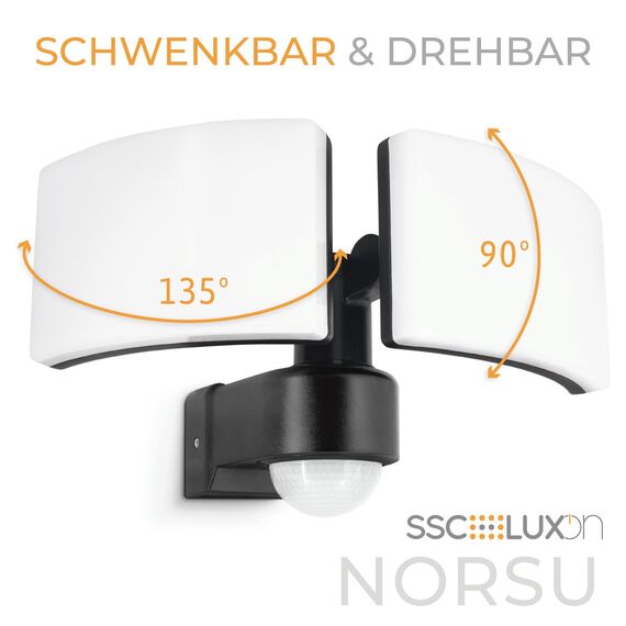 SSC-LUXon NORSU Außenlampe mit Bewegungsmelder & Lichtsensor 40W - LED Wand Außenleuchte 2 flammig schwenkbar IP65 4000K 230V