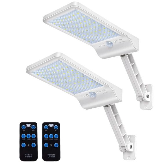 COLBOR Solarlampen für Außen mit Bewegungsmelder, 56LED Wandleuchte Aussen Solar mit Fernbedienung 3 Modi IP65 Wasserdicht 6500K 2200mAh 2Pcs Solarleuchte Weiß, Solarlampen-Außen-Solar-LED-Strahler