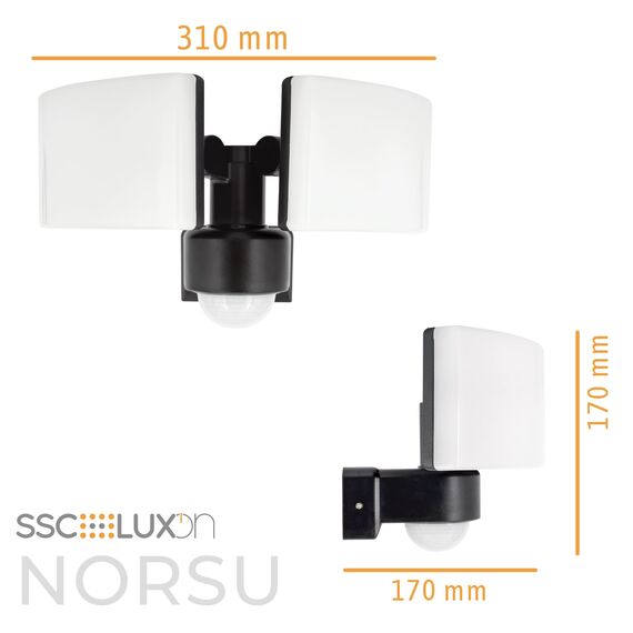 SSC-LUXon NORSU Außenlampe mit Bewegungsmelder & Lichtsensor 40W - LED Wand Außenleuchte 2 flammig schwenkbar IP65 4000K 230V