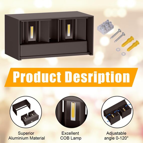 Klighten 24W LED Wandleuchte Innen/Außen,3000K Außenlampe Außenleuchte innen, IP65 Aussenleuchte Wand UP Down,Außenwandleuchte wandleuchte innen Mit Einstellbar Abstrahlwinkel Warmweiß,Rostrot