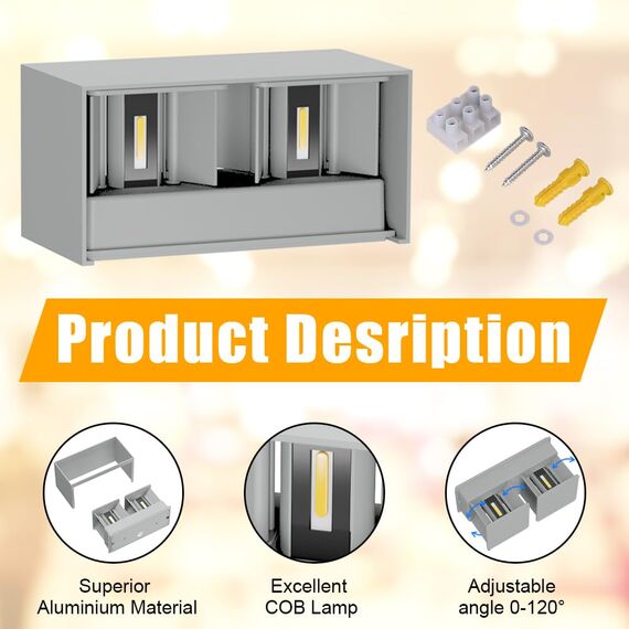 Klighten 24W LED Wandleuchte Innen/Außen,3000K Außenlampe Außenleuchte innen, IP65 Aussenleuchte Wand UP Down,Außenwandleuchte wandleuchte innen Mit Einstellbar Abstrahlwinkel Warmweiß,Grau