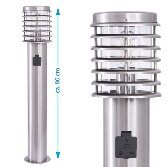max K O M F O R T Wegeleuchte mit Steckdose E27 80 cm Edelstahl Glas Gartenlampen für draußen strom IP44 Gartenlampe Wegbeleuchtung Gartenleuchte 252D-800SN-SD