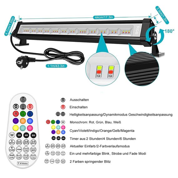Linke 42W LED Wallwasher 2er mit Fernbedienung RGB LED Strahler 10 Farben 30 Modi, IP66 Wasserdicht Partylitcht Lightbar mit Timer Memoryfunktion für Aussen Innen Garten DJ Home Festival-Deko