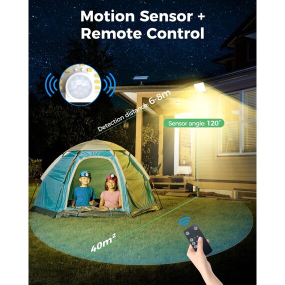 LOTMOS 1 Stück Solarlampen für Außen mit Bewegungsmelder, 342 LED Aussenleuchte Solar IP65 Wasserdicht Solarleuchte 3 Modi Strahler mit Fernbedienung, Solar Lampe Outdoor für Garten Garage Aussen