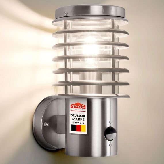 max K O M F O R T Aussenleuchte mit Bewegungsmelder Aussenwandleuchte Edelstahl E27 Fassung für LED geeignet Wandlampe 252D1 (Wandleuchte mit Sensor)