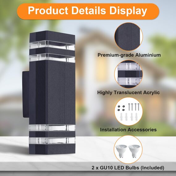 CELAVY LED Wandleuchte Wandlampe aussen 2 Stück, IP65 Außenlampe Aussenlampe Wand, GU10 Up Down Außenleuchte Aussenleuchte Außenwandleuchte Außenbeleuchtung Hauswand Terrasse Haus, Anthrazit Grau