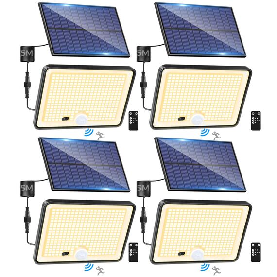 LOTMOS 4 Stück Solarlampen für Außen mit Bewegungsmelder, 342 LED Aussenleuchte Solar IP65 Wasserdicht Solarleuchte 3 Modi Strahler mit Fernbedienung, Solar Lampe Outdoor für Garten Garage Aussen